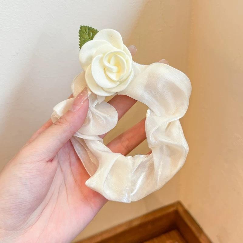 French Stain Rose Flower Elastic Hairbands Women Girls Hair Ropes Ties Flower Hair Scrunchies Ponytail Holder Hair Accessories