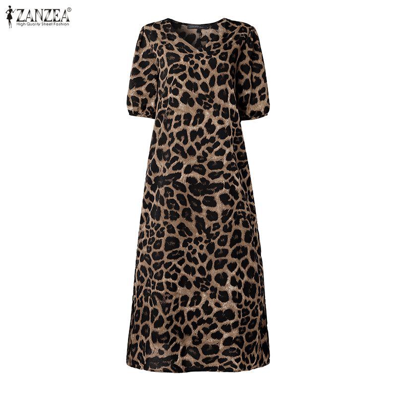 ZANZEA Women Casual V-Neck Loose Half Sleeve Leopard Print Dress