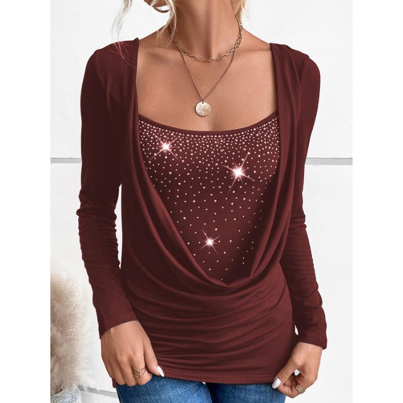 Women's 2025 New Ladies Casual Pullover Diamond Long Sleeve Fake Two-piece Top