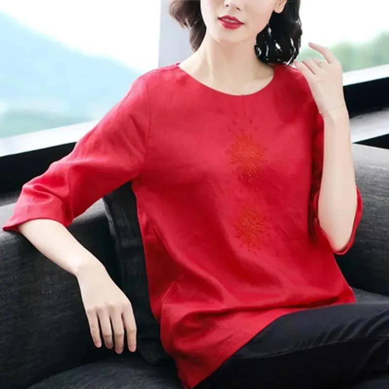 

Женская синяя льняная блузка с вышивкой, рукав 3/4, повседневная, свободного кроя S красный