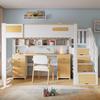 Hoogslaper 90x200 cm Wit Natuurlijk Hout, met Bureau, Lades, Opbergtrap en Hangplank, Ruimtebesparend Functioneel Bed voor Kinderkamer