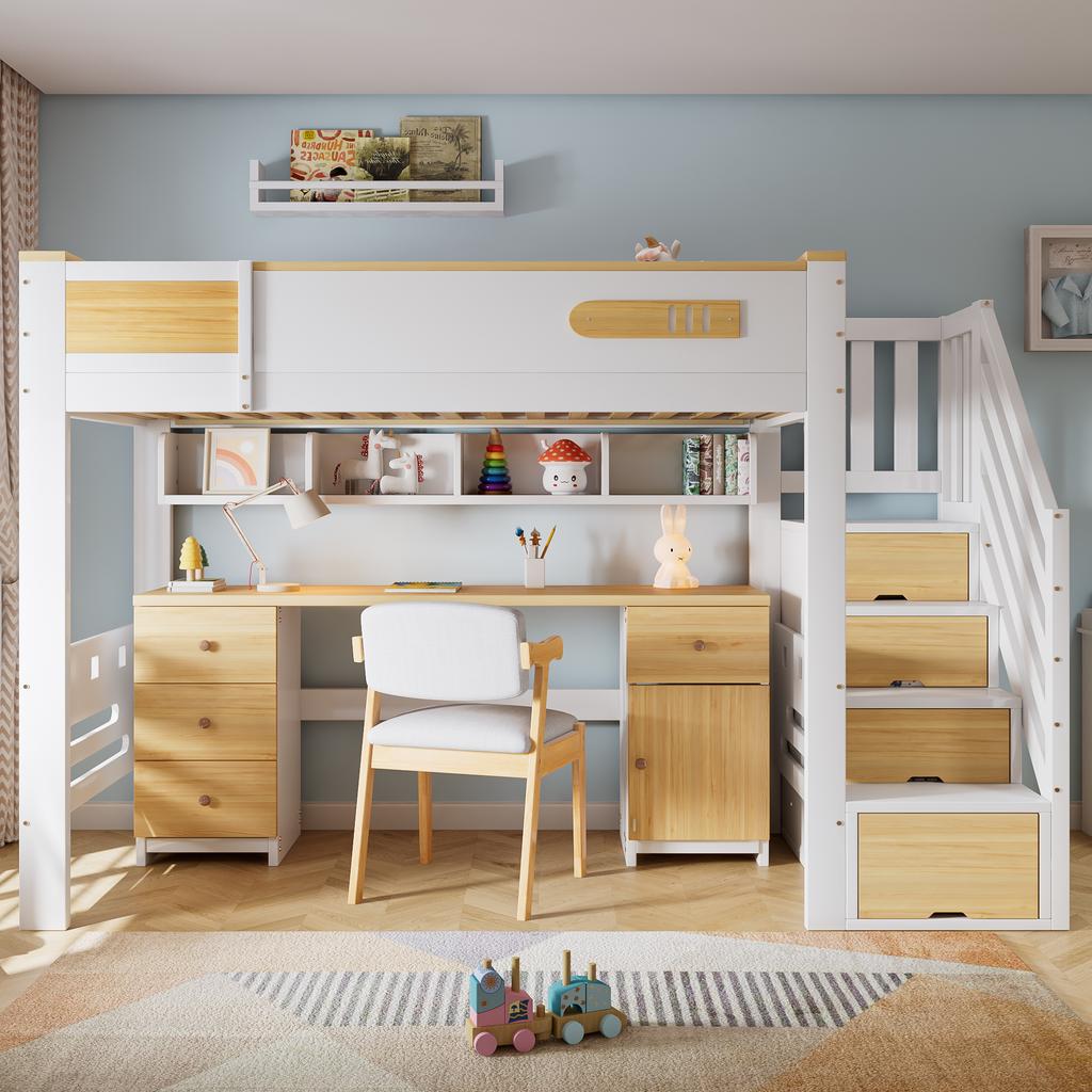 Hoogslaper 90x200 cm Wit Natuurlijk Hout, met Bureau, Lades, Opbergtrap en Hangplank, Ruimtebesparend Functioneel Bed voor Kinderkamer