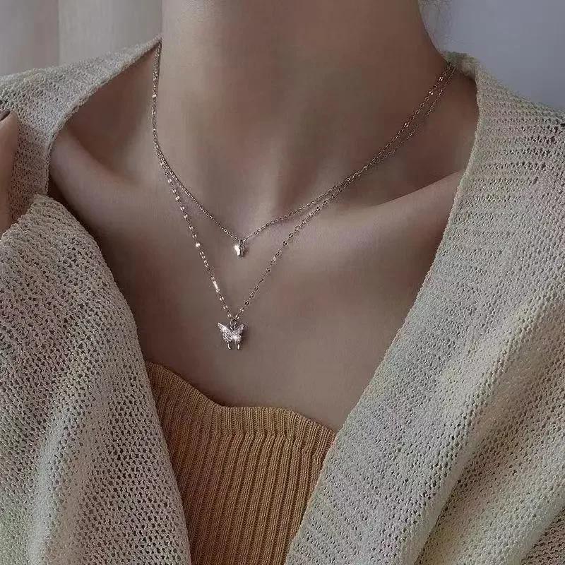 New Elegant Silver Color Shiny Butterfly Necklaces Ladies Exquisite Double Layer Clavicle Chain Necklace Jewelry Gift