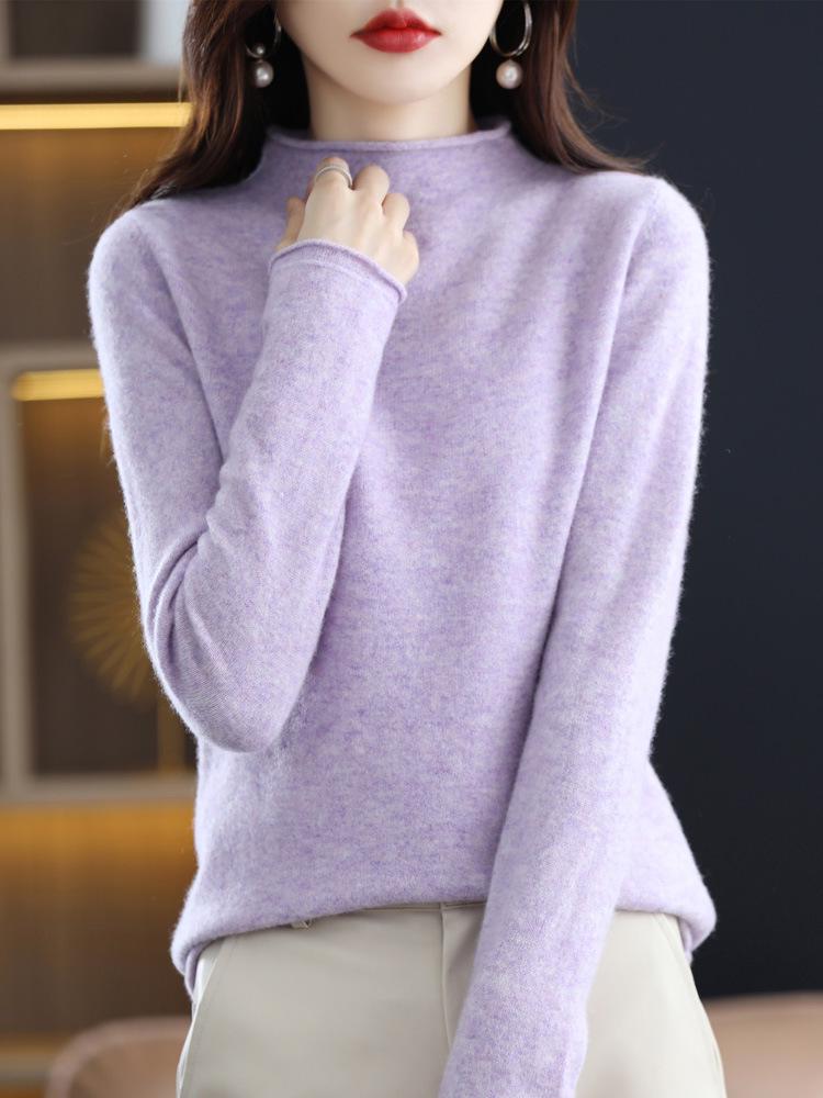 Women's Rolled Hem Half-High Neck 100% Wool Sweater - Stylish Autumn/Winter Base Layer