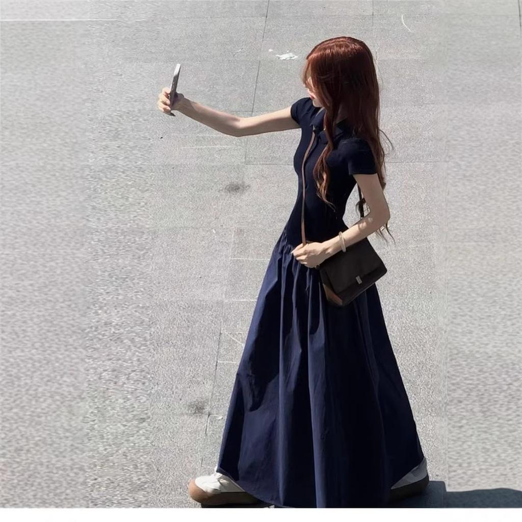 New college style Polo collar waist dress summer new beautiful lazy versatile big swing dress