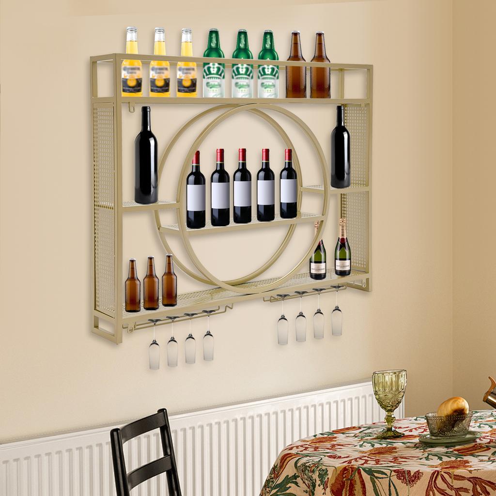 Wall Mounted Iron Wine Rack,Gold Wine Bottle Shelf 100*15*80cm Applicable Bottles Within 10cm for Home and Commercial