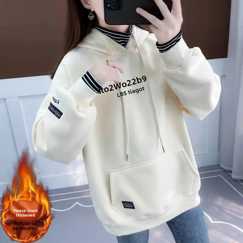 Autumn Winter Arrival Trendy Oversized Loose-fit Fleece-lined Thickened Sweatshirt Women Hooded Outerwear Top