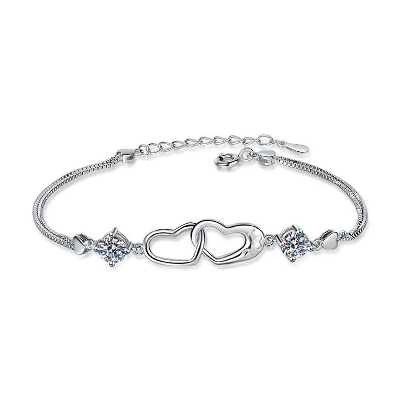 Women's Romantic Heart-Shaped Double Loop Bracelet PT950 Platinum 1CT Moissanite Elegant High-End Gift Jewelry