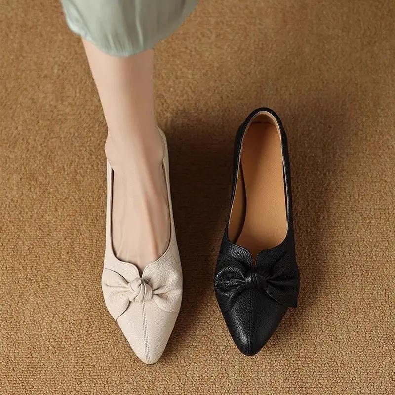 Fashion Moccasins Low Heel Elegant Pointed Toe Ladies Pumps with Bow Chunky Heels Block Women's Shoes Lastest Quick Delivery Footwear 39