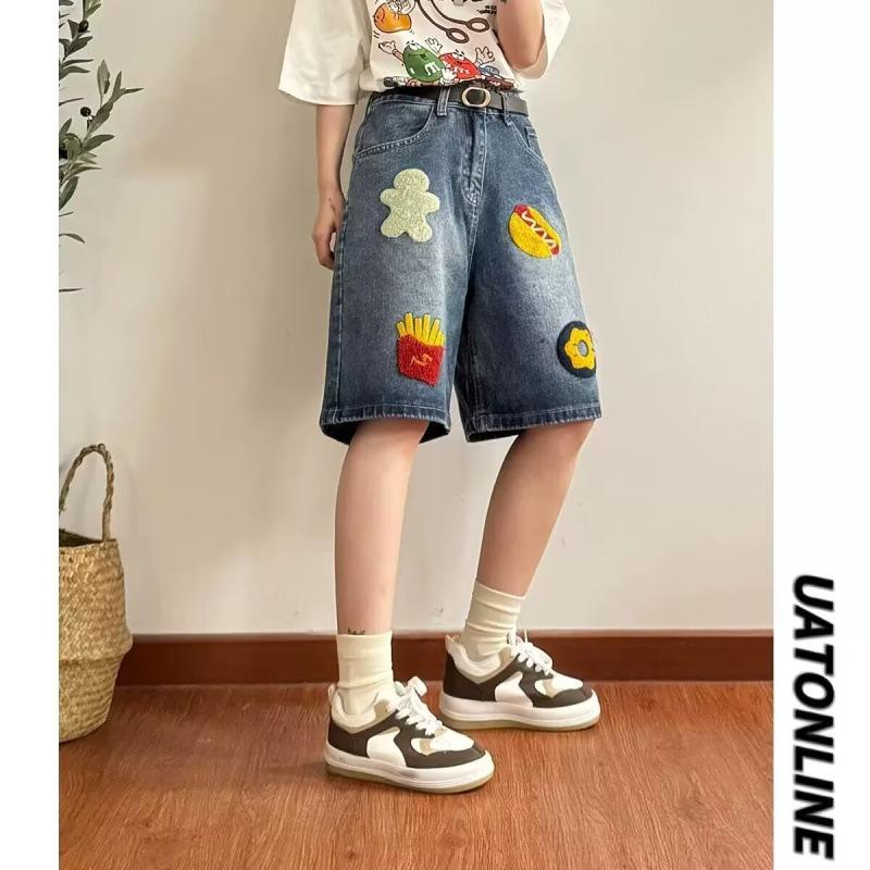 

JYL Unisex Denim Shorts Burger Embroidery Summer Loose Wide-Leg Fifth Pants Denim L безодня
