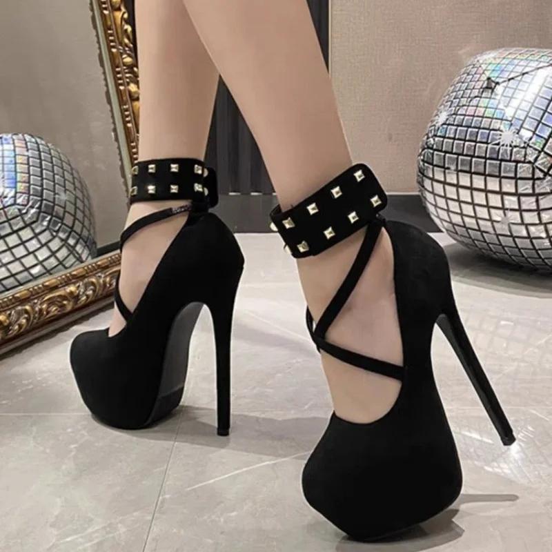 Women High Heel Fashion Metal Rivets Ankle Strap Platform Pumps Sandals Women Wedding Party Sexy Platform Stripper Design Shoes