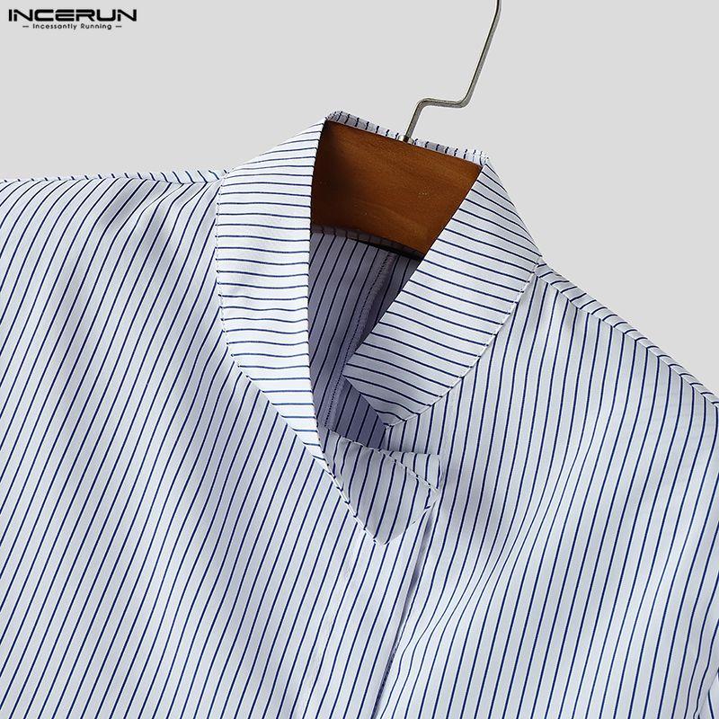 INCERUN Herren Outfits Stehkragen Gestreifte Langarm Crop Tops Reißverschluss High Waist Lange Hosen Sets