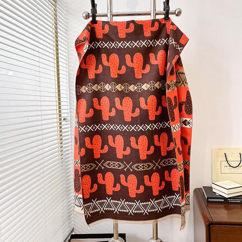 Imitation Cashmere Scarf Women'S Nordic Style Decoration Warm Dual-Purpose Double-Sided Shawl Creative Printing Fringed Scarf