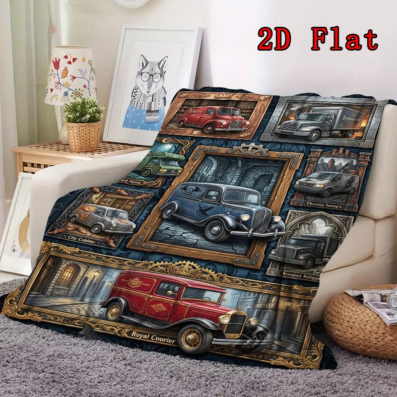 Vintage Delivery Vehicles 2D Flat Pattern Flannel Blanket, High Quality All Seasons, Home Decor, Warmth and Comfort, Perfect for Christmas Gifts.
