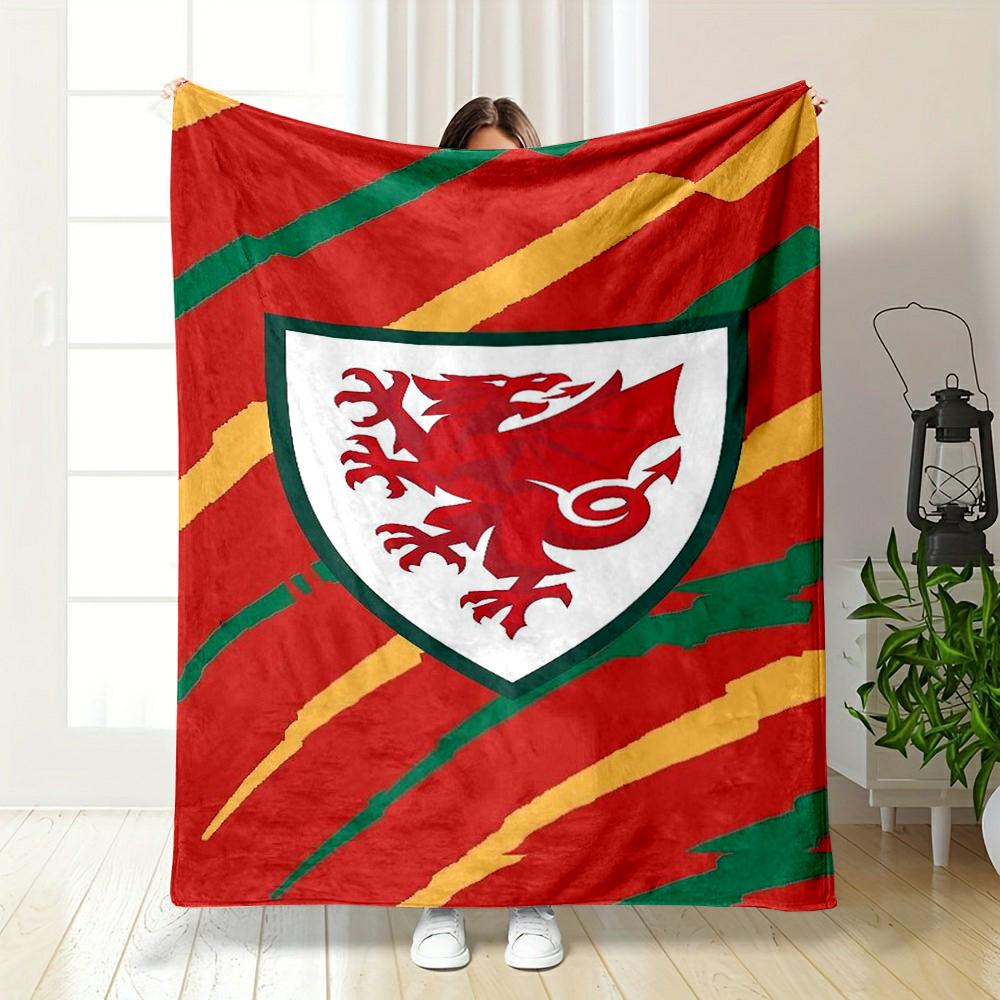 Welsh Red Dragon Emblem Printed Flannel Blanket for Bedroom, Living Room, Sofa, and Nap