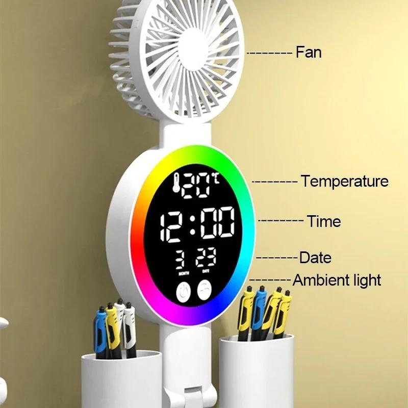 3 In1 Multifunction Table Lamp LED Four-headed Folding with Fan Calendar Clock USB Rechargeable Desk Light 3200mah Reading Lamp