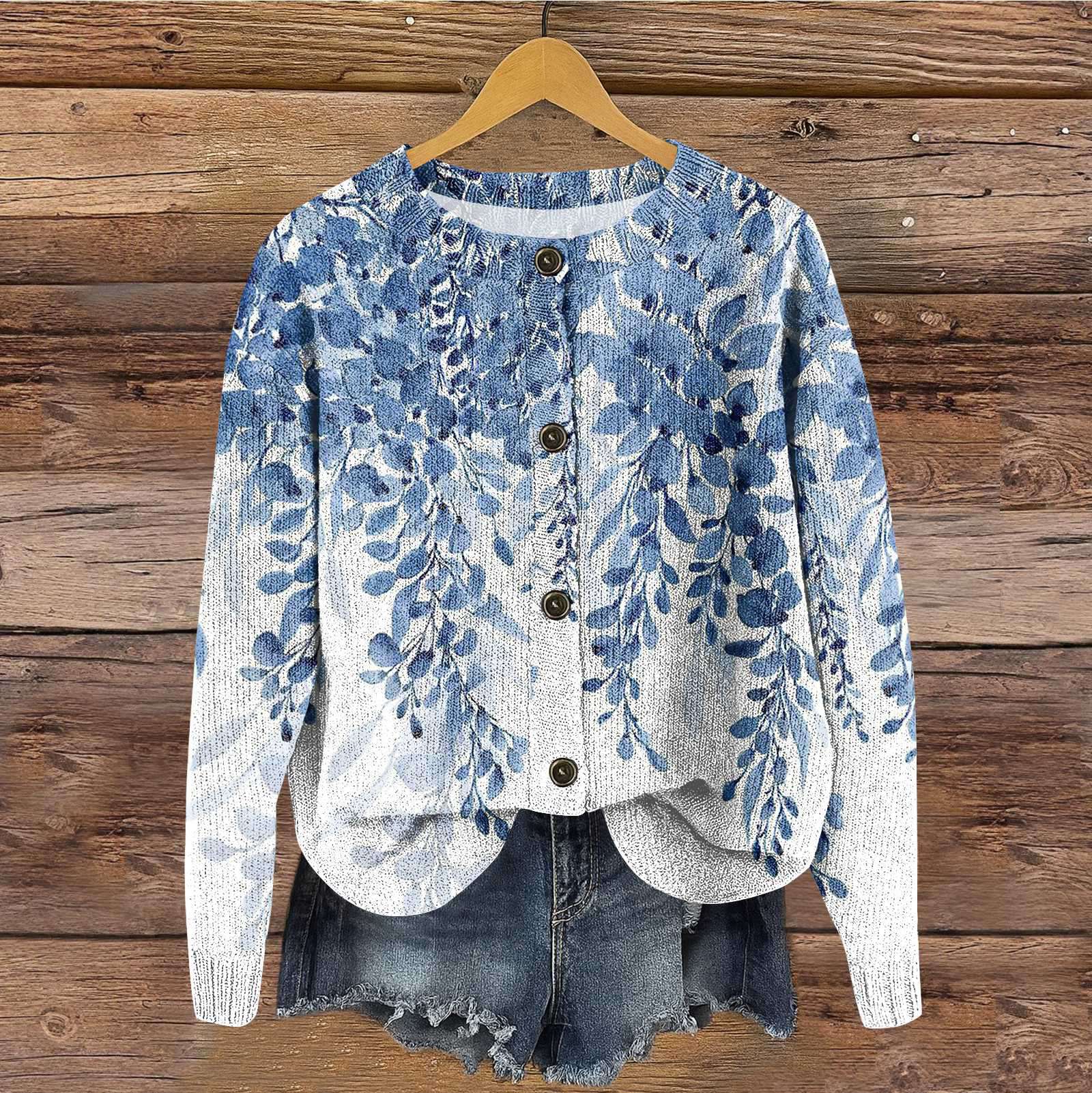 

Женский винтажный вязаный кардиган-жакет на пуговицах с винтажным цветочным принтом в полоску S синий