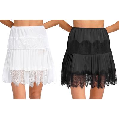 Elastic Waist Half Slip Skirt for Women Vintage Pleated Hem with Lace Trim Layering Underskirt