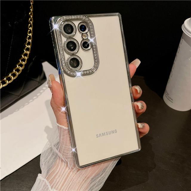 For Samsung Galaxy S25 Ultra Luxury Plating Flash Diamond Frame Transparent Phone Case For Samsung S22 S23 S24 S25 Plus Cover