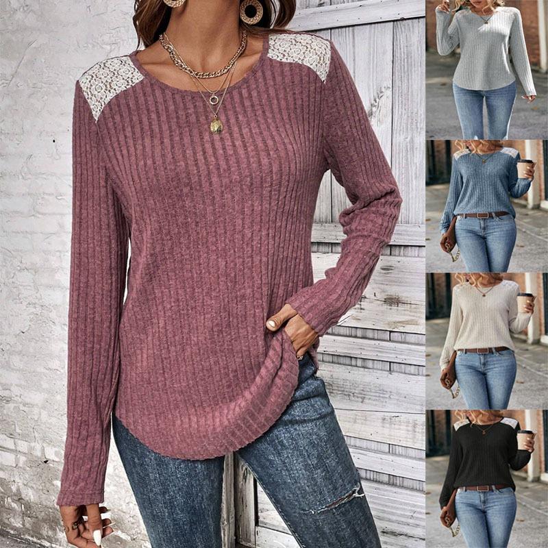 Women Long Sleeve Ribbed Lace Patch Round Neck Casual Top