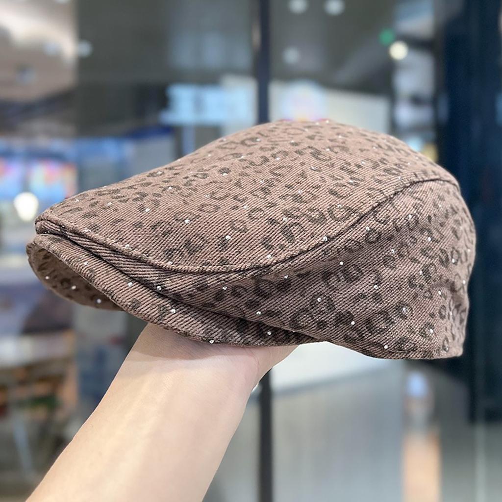 Fashion Retro Leopard Print Beret Hat for Women Shiny Rhinestone Sun Visors Duckbill Cap Girls Female Outdoor Forward Hat