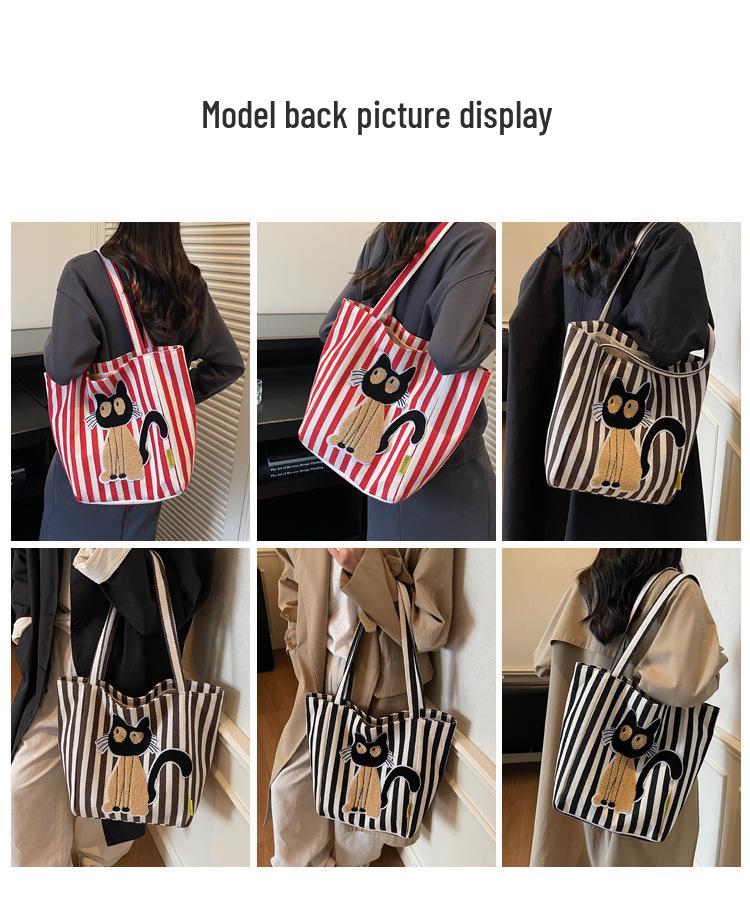 Korean Striped Cartoon Chenille Embroidery Canvas Bag - Large Capacity Cute Girl's Trendy Tote