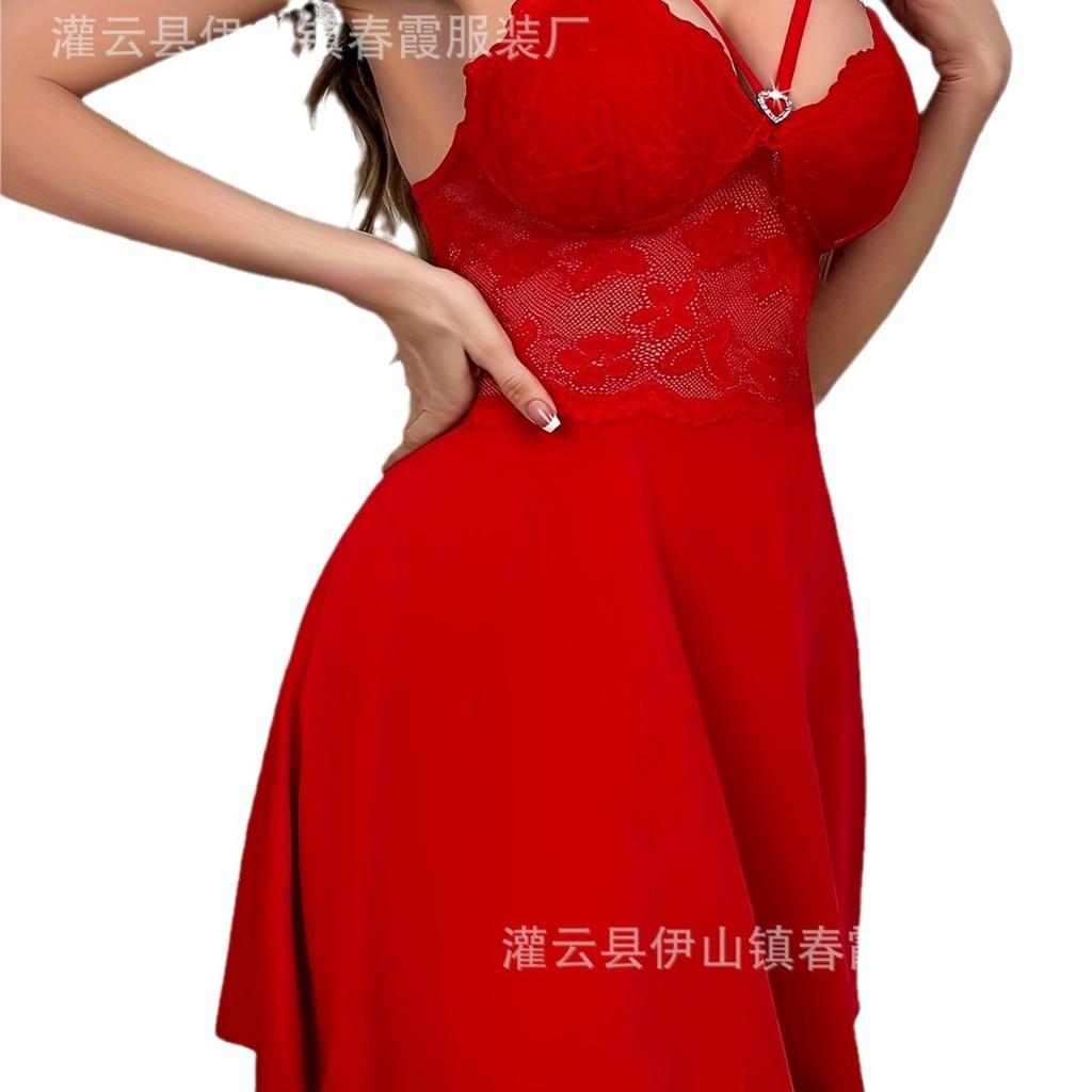 Lace nightdress loungewear comfortable red suspender skirt pajamas sexy pajamas