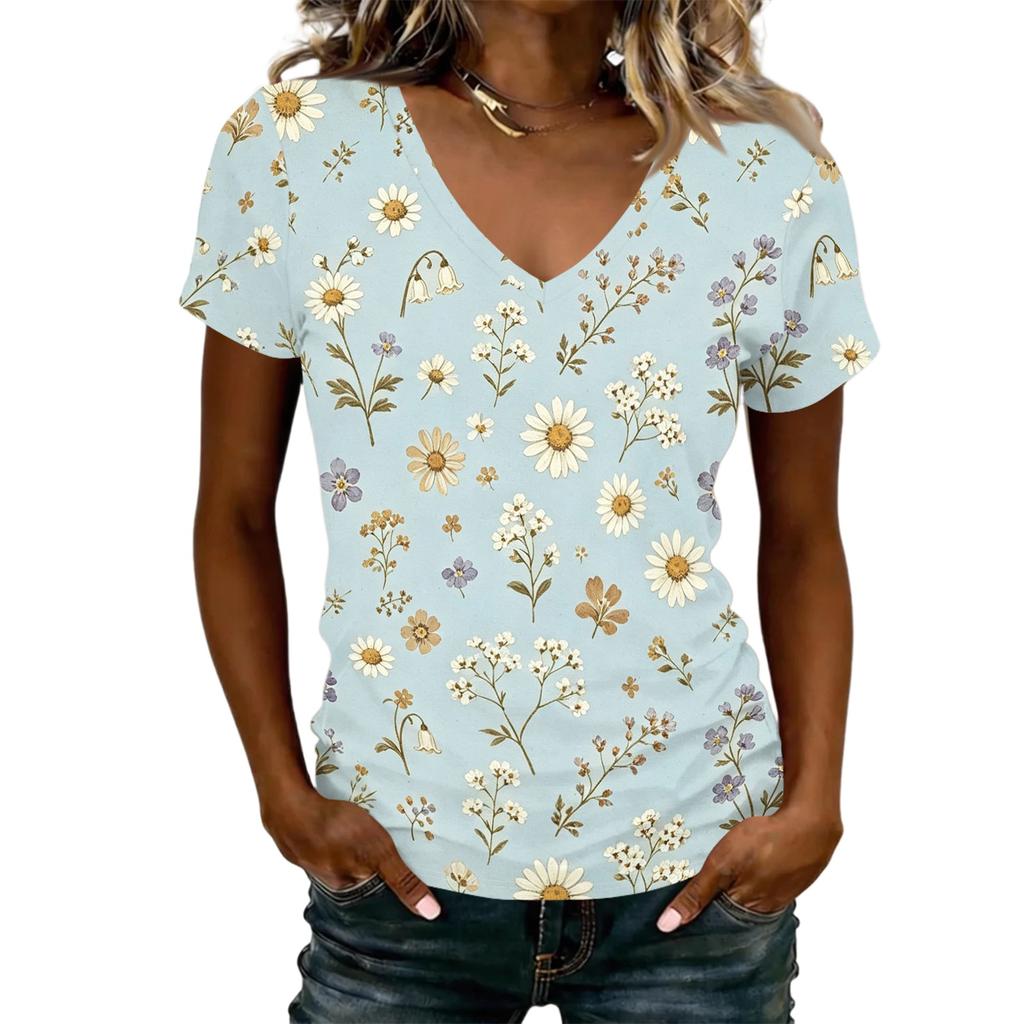 Women’s Casual V Neck Short Sleeve T Shirt Floral Print Loose Fit Lightweight Top for Daily Wear Vacation Office