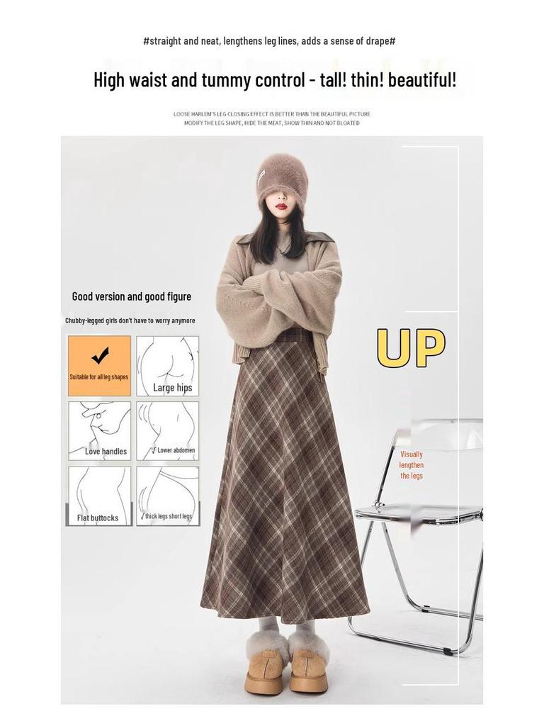 Women's Plaid A-line Skirt: Mid-Length, Thickened for Autumn/Winter 2025, Slimming Fit.