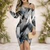 Women Plus Size Chain Strap Cold Shoulder Long Sleeve Printed Asymmetrical Bodycon Dress