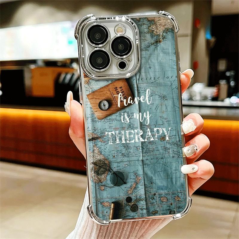 

Travel Map Artistic Pattern Soft Phone Case For iPhone 15 16 17 Air 14 Pro Max 16E Plus 13 12 Mini Plating Anti-Fall Fundas iPhone 12