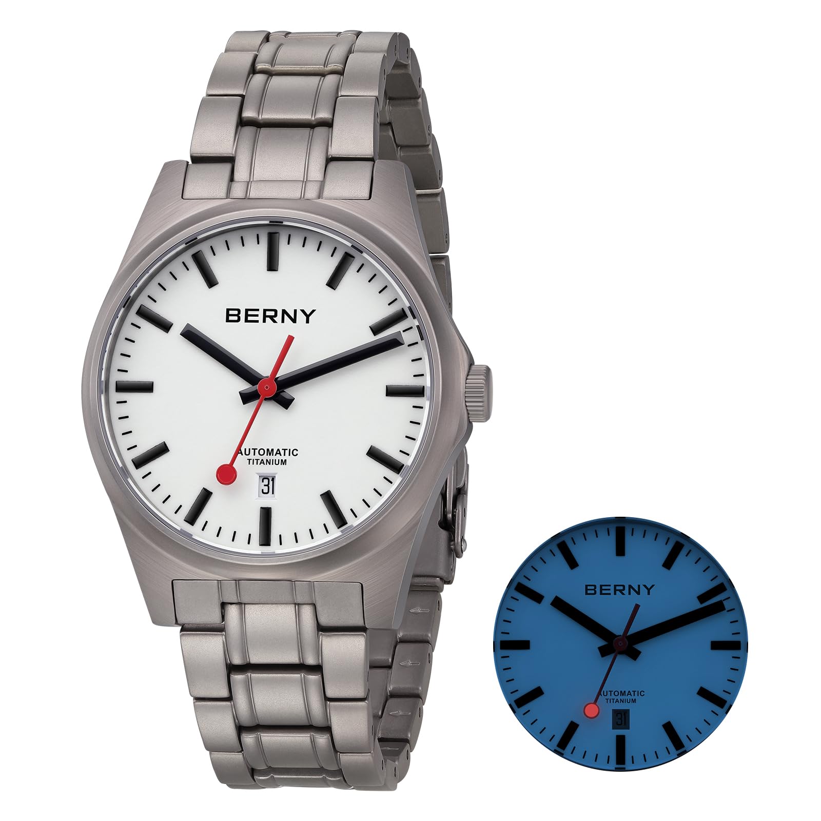 

BERNY Титановые механические часы Автоматические часы Железнодорожные часы Водонепроницаемость 100 м Функция календаря AR Сапфировое стекло