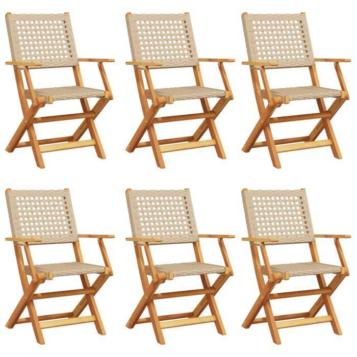 VidaXL Folding Garden Chairs Set of 6 Beige Rattan and Solid Wood, Garden Seat, Patio Chair, Dining Chair of 3214563