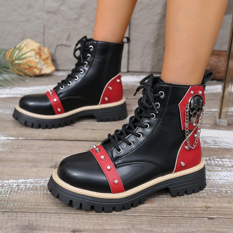 Dámské kotníkové boty na platformě v korejském stylu, punkové šněrovací bojové boty s cvočky, Martinovy boty s přezkou pro ženy