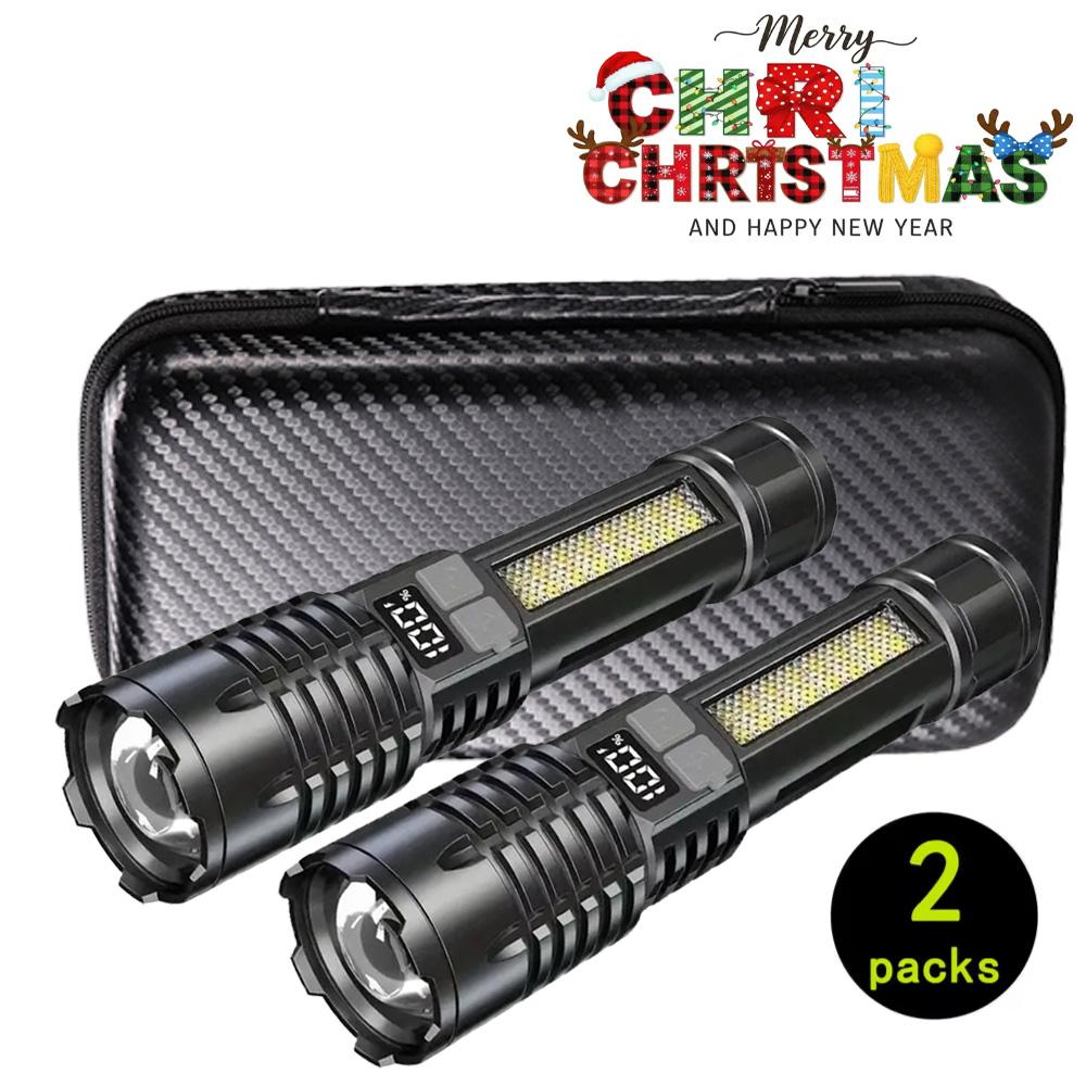 Powerful LED Flashlight Type C Rechargeable Waterproof Torch with Side Light 7 Modes Zoomable Lamp for Camping Fishing Lantern
