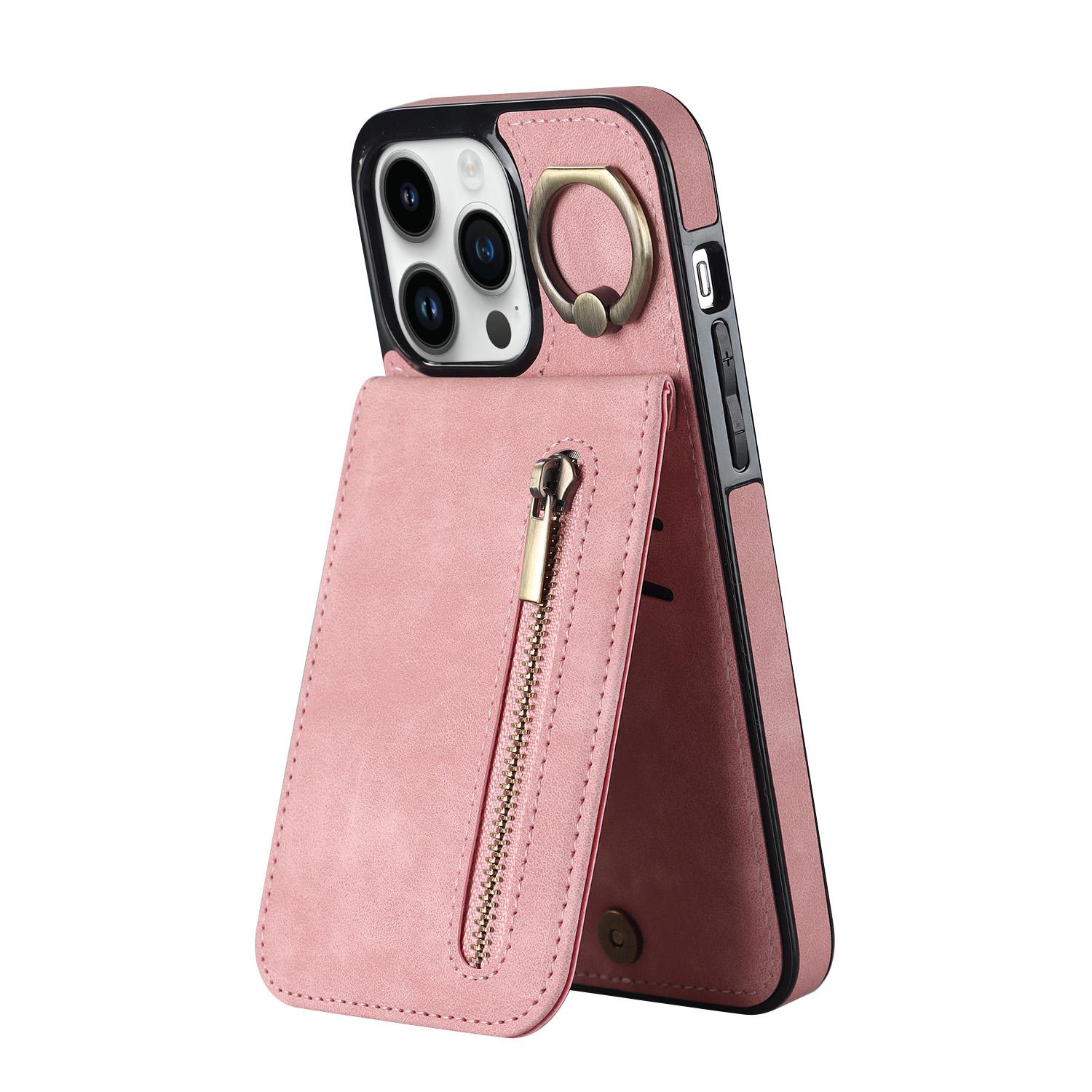 

Zipper Leather Wallet Vertical Cards Solt Ring Holder Case For iPhone 14 15 Pro Max 13 12 11 XR 7 8 Plus SE 2022 RFID Bag Cover for iPhone 13Mini рожевий