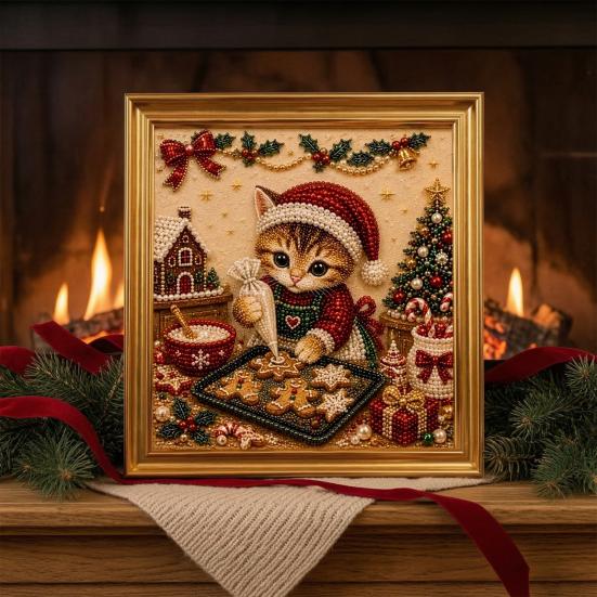 Faux Pearl Painting Kit for Adults Christmas Cat Art with Frame, Kitty DIY Embroidery Kit, 3D Bead Wall Craft Adults, Handmade Home Holiday