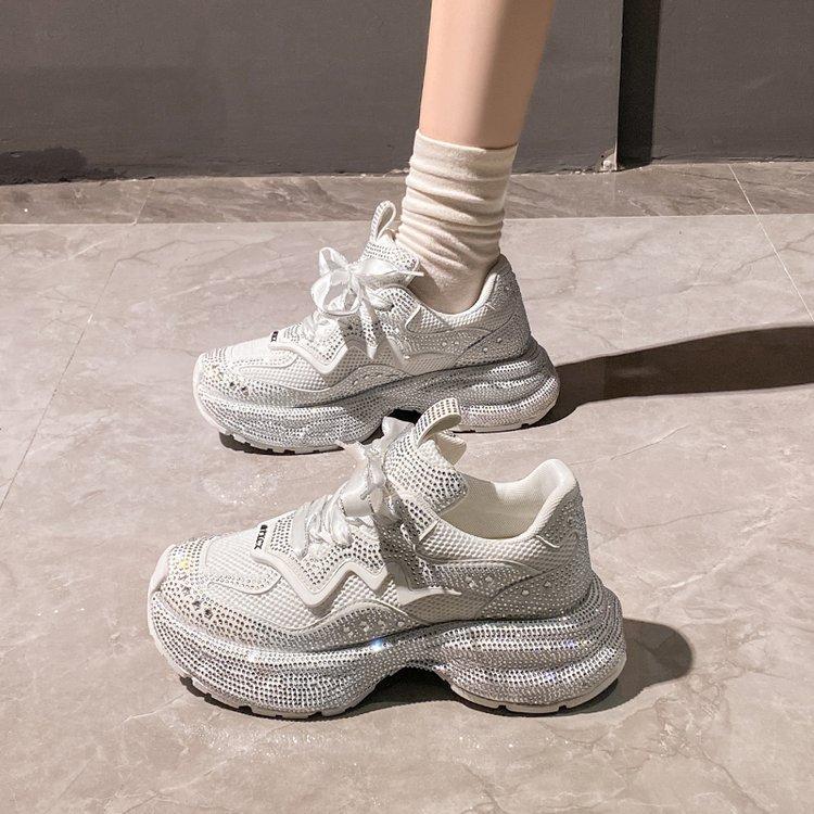 Gypsy rhinestone thick-soled dad shoes for women's autumn new mesh breathable heightening sneakers for women