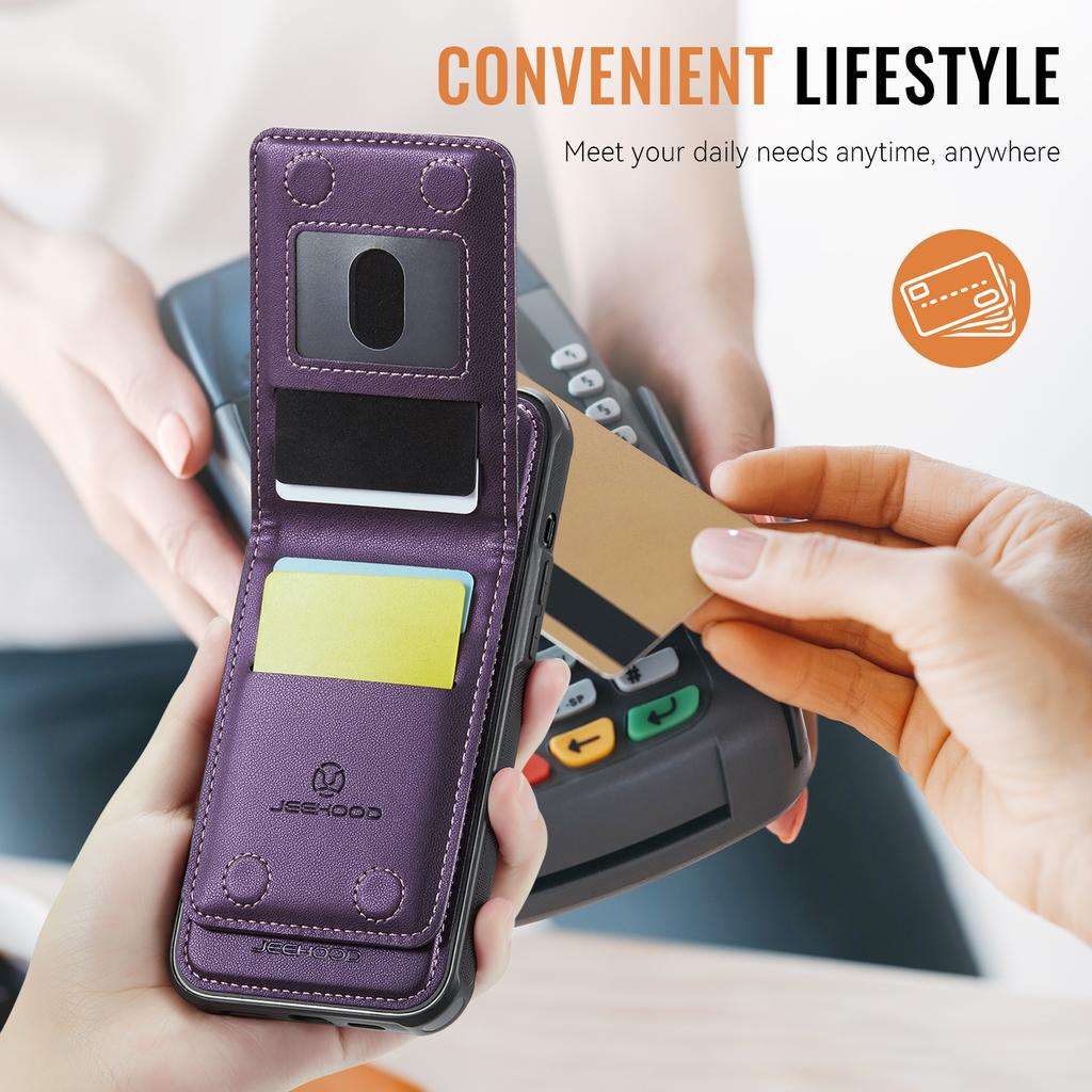 For iPhone 14 Pro Leather Back Cover Compatible with MagSafe JEEHOOD J06 Phone Case with Card Bag RFID Blocking