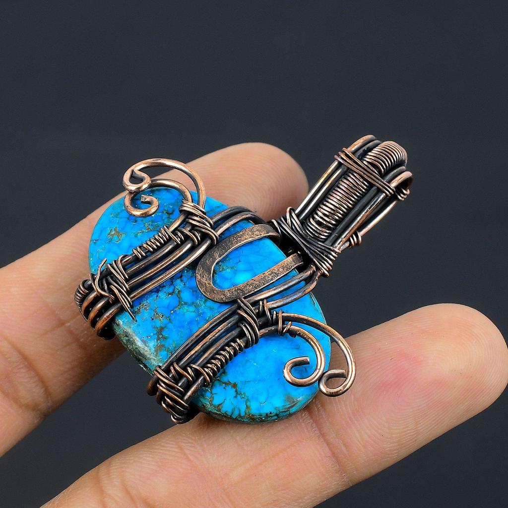 Tibetan Turquoise Pendant, 999 Copper Wire Wrapped Gemstone Jewelry, Handmade Pendant, For Thanksgiving