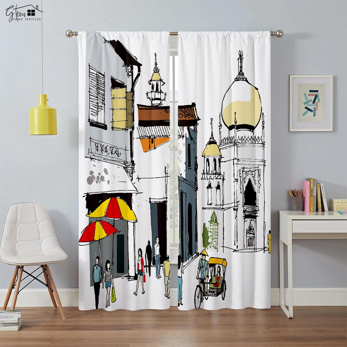 

High Quality City Building 3d Printed Window Drapes Night View Hand Painted Industrial Design Room Darkening Heat Insulation Curtains W100xH130(CM) folio&Rod pocket