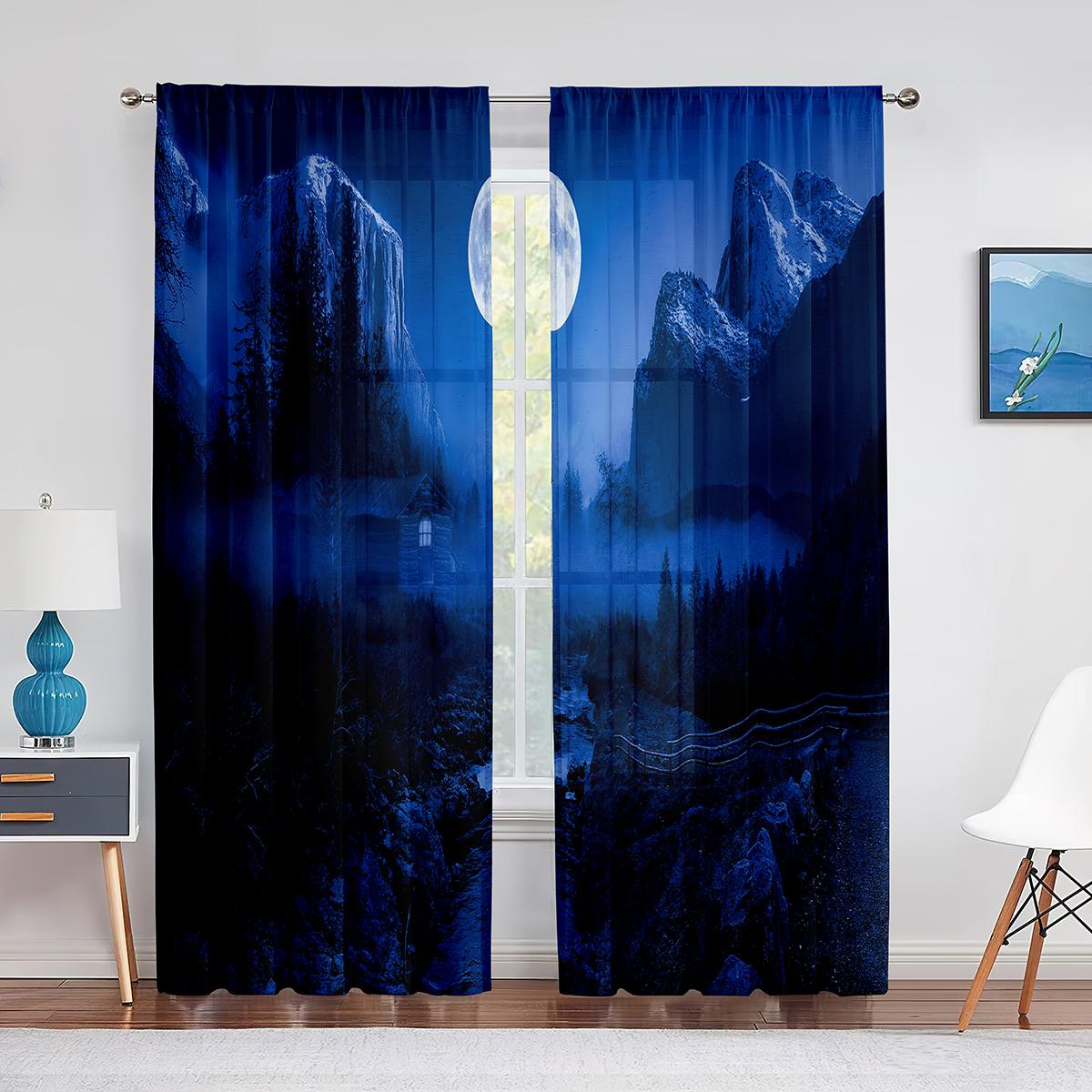 

Ночное небо, луна, звезды и лес, озеро, прозрачные вуалевые шторы для спальни, гостиной, кухни, тюлевые шторы, шифоновые оконные шторы 1 PCS W100XH250cm&Grommet Top