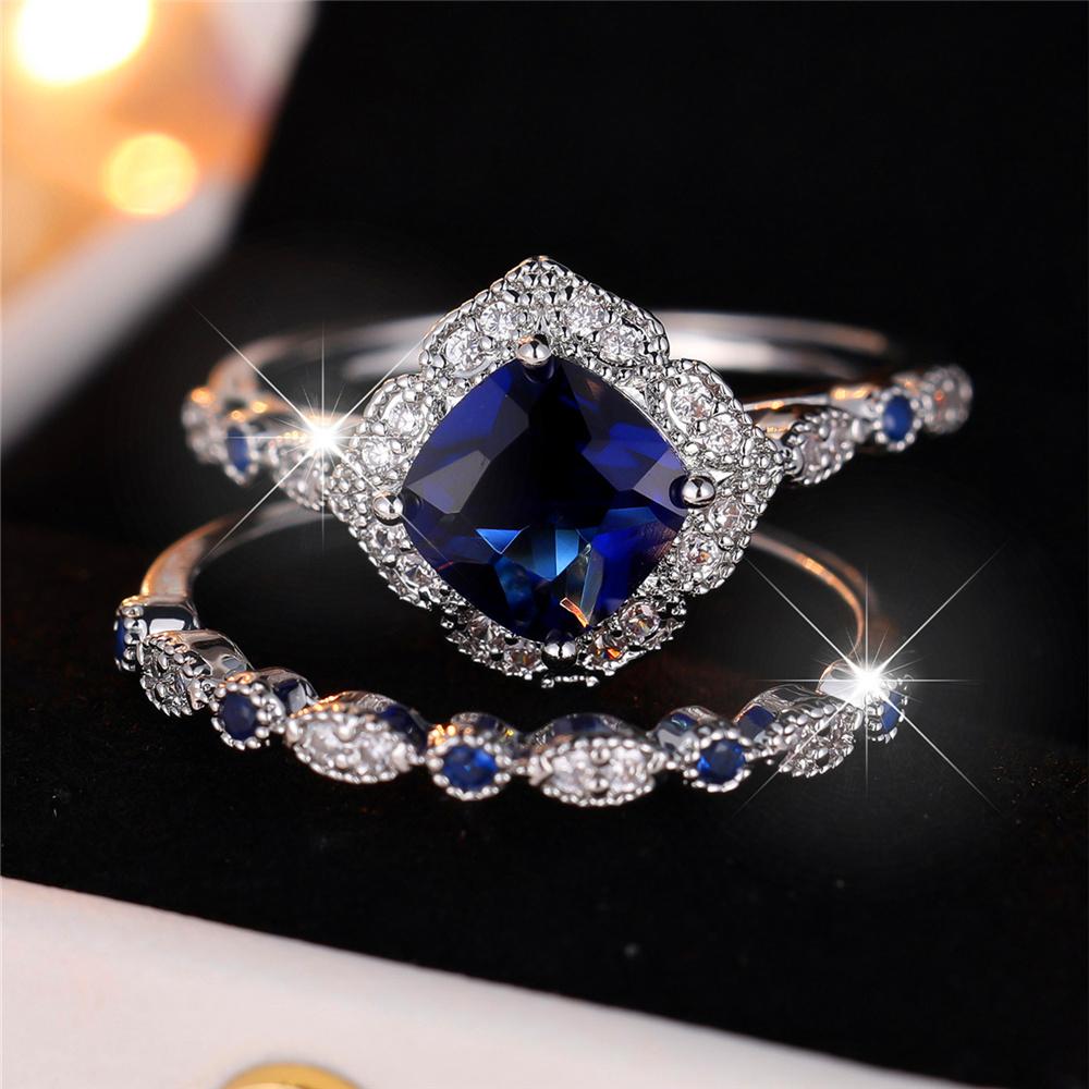 2 ks Dámský Prstenový Set s Modrým Zirkonovým Kamenem Vintage Svatební Pásky Party Šperky Pro Ženy