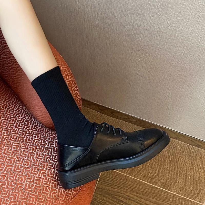 

Японские туфли JK small из кожи, женские туфли в британском стиле со шнуровкой, модель 2024 года, универсальные мокасины из мягкой кожи с плоской подошвой 36 чёрный