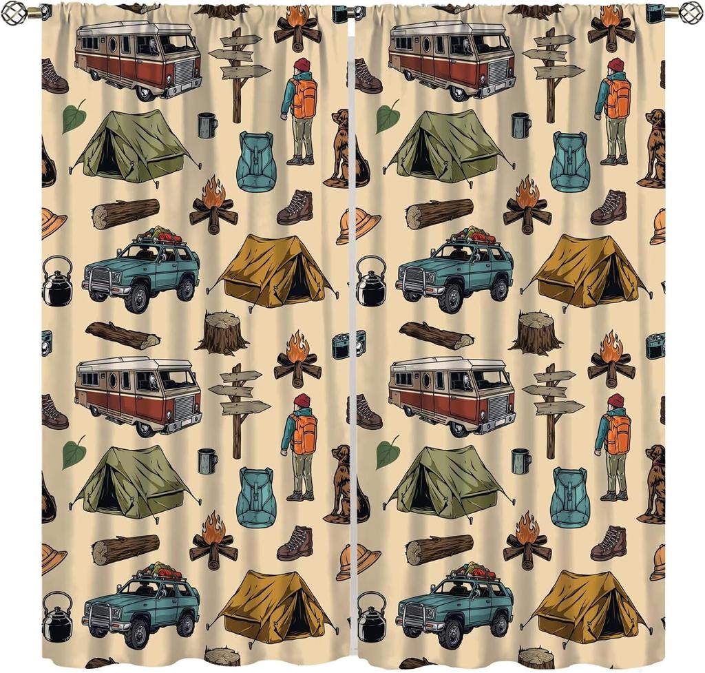 Retro Happy Camper Curta,Rustic Wood Plank Camping Travel Trailer Blackout Rod Pocket Window Curtain,For Boys Girls Living
