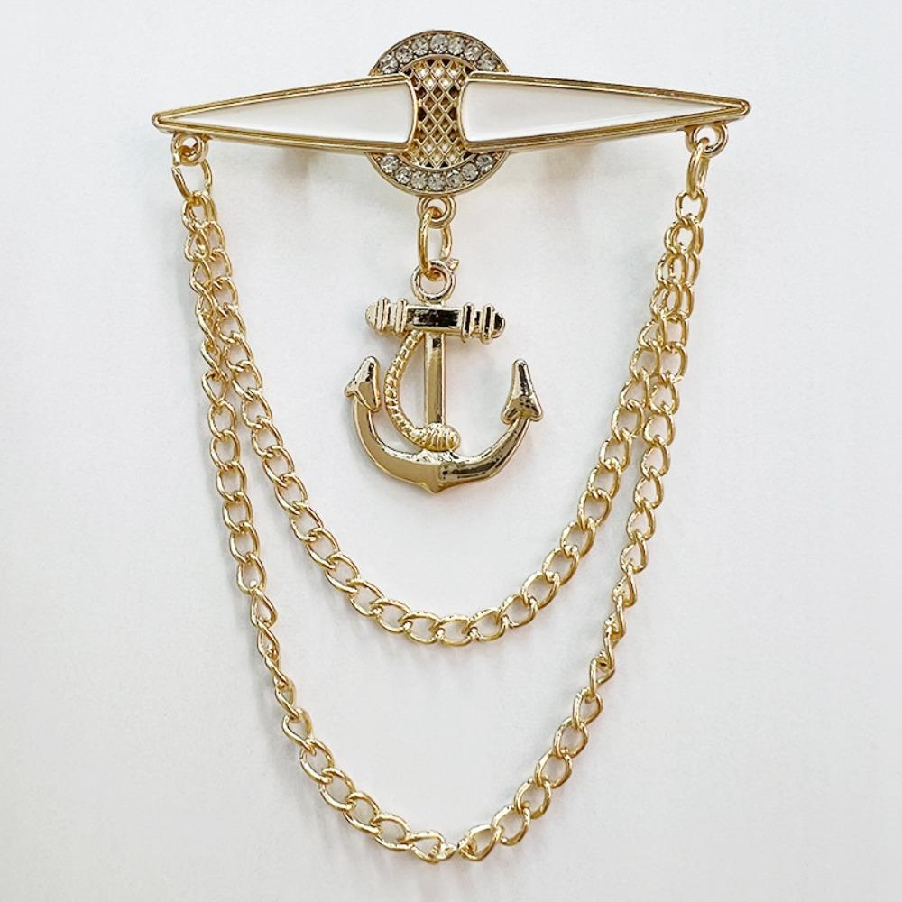 Anchor Alloy Rhinestone Brooch Pin British Style Suit Elegant Tassel Chain Lapel Pins for Men Women Fashion Jewelry Accessories