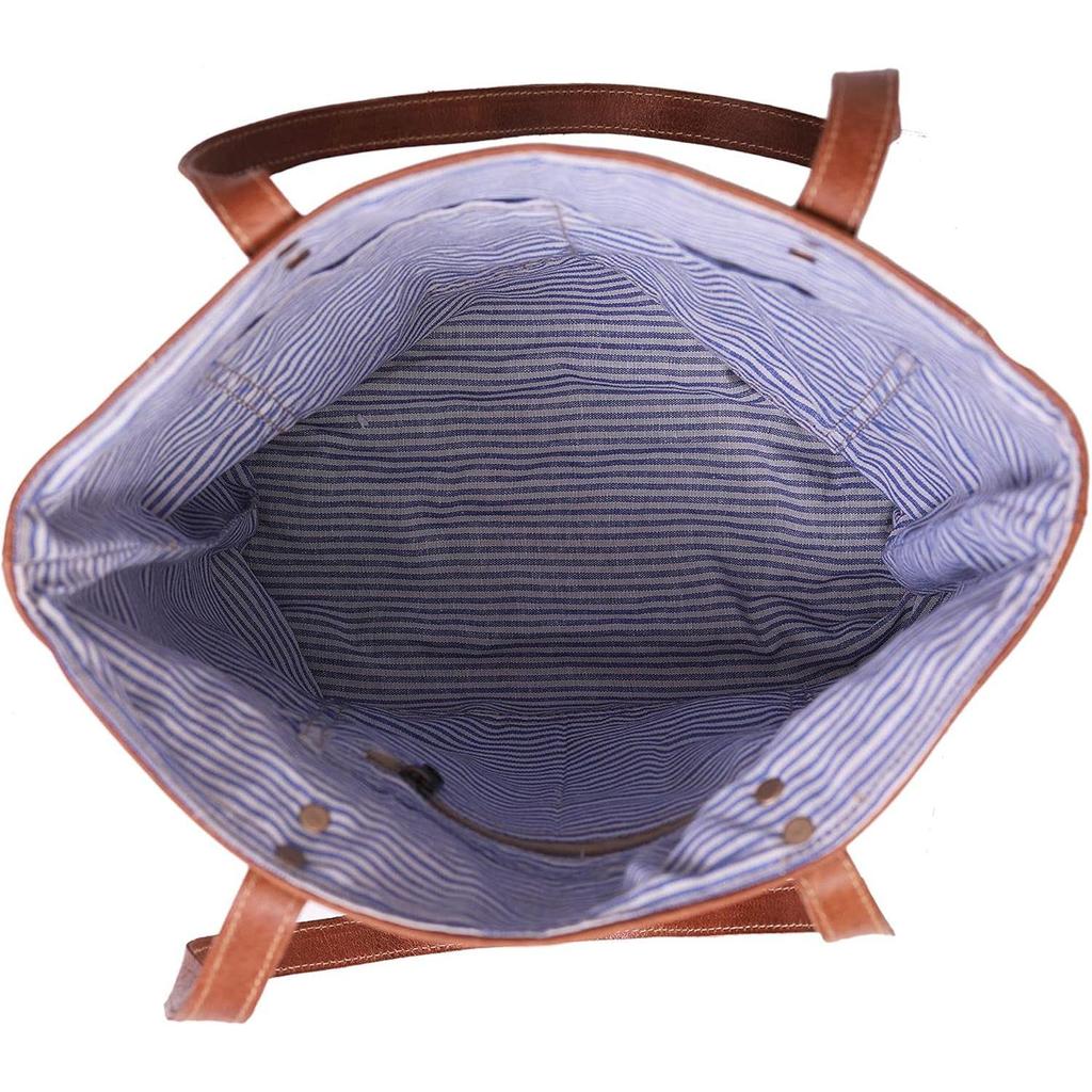 LEATHER Tote Bag, Canvas Shoulder Bag with Leather, 16x13x4 inches, Bicycle Print - Khaki, for Women