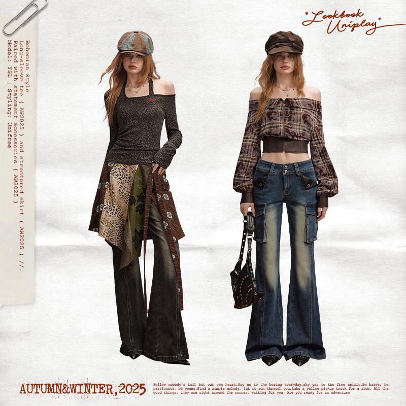 UNIFREE 2025 Autumn Low-Waist Washed Distressed Wide-Leg Flare Jeans