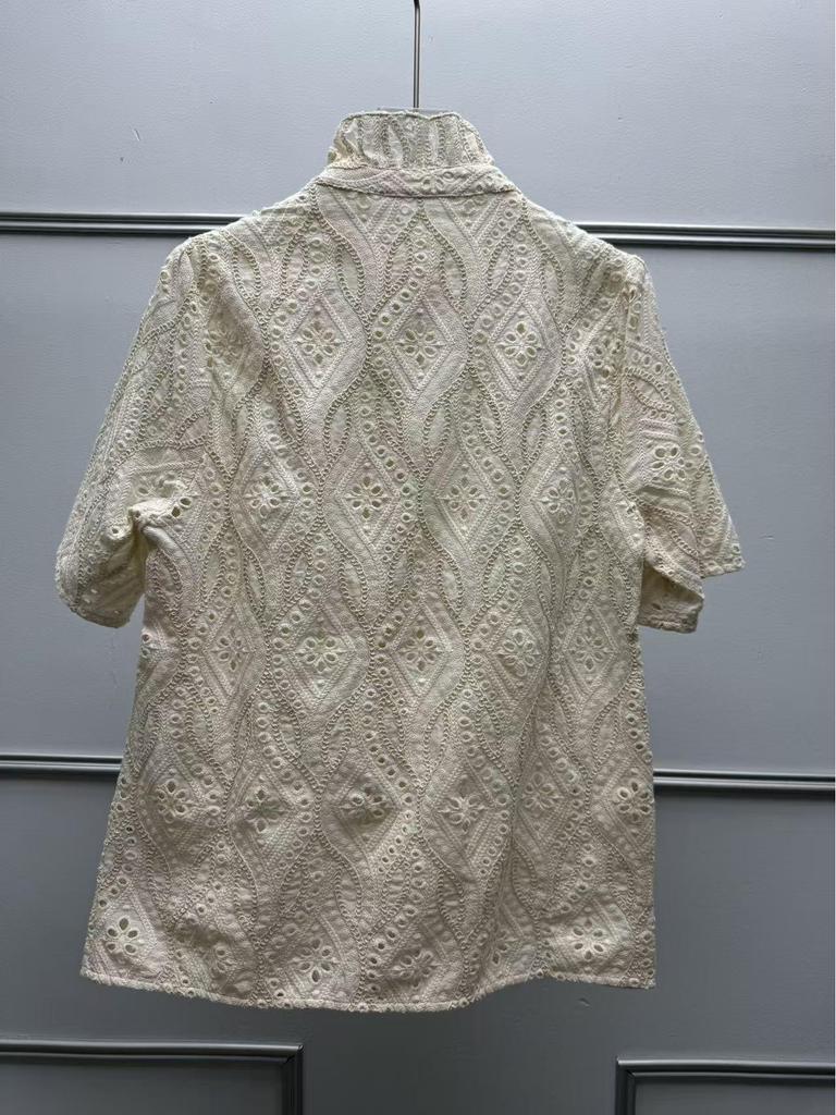 French Retro Mori-kei Embroidered Hollow Wood Ear Trim Solid Color Short Sleeve Shirt for Women
