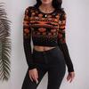 Women's Crew Neck Long Sleeve Crop Knit Top Regular Fit Halloween Pumpkin Skull Bat Print Sweater